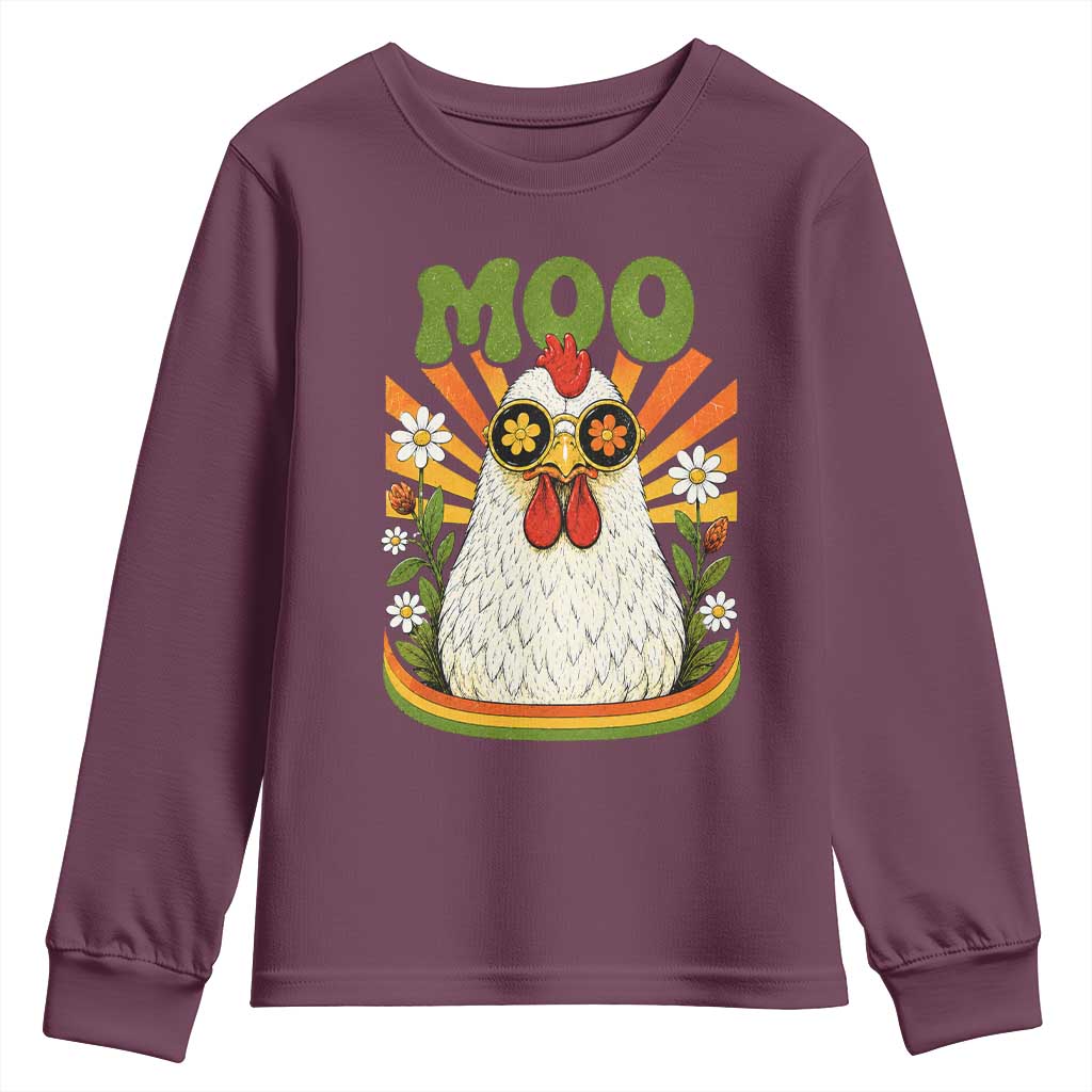 Retro Moo Chicken Wearing Sunglasses Graphic Youth Sweatshirt Funny Groovy Farm Animal Pun Vintage Sunburst TS02 Maroon Print Your Wear
