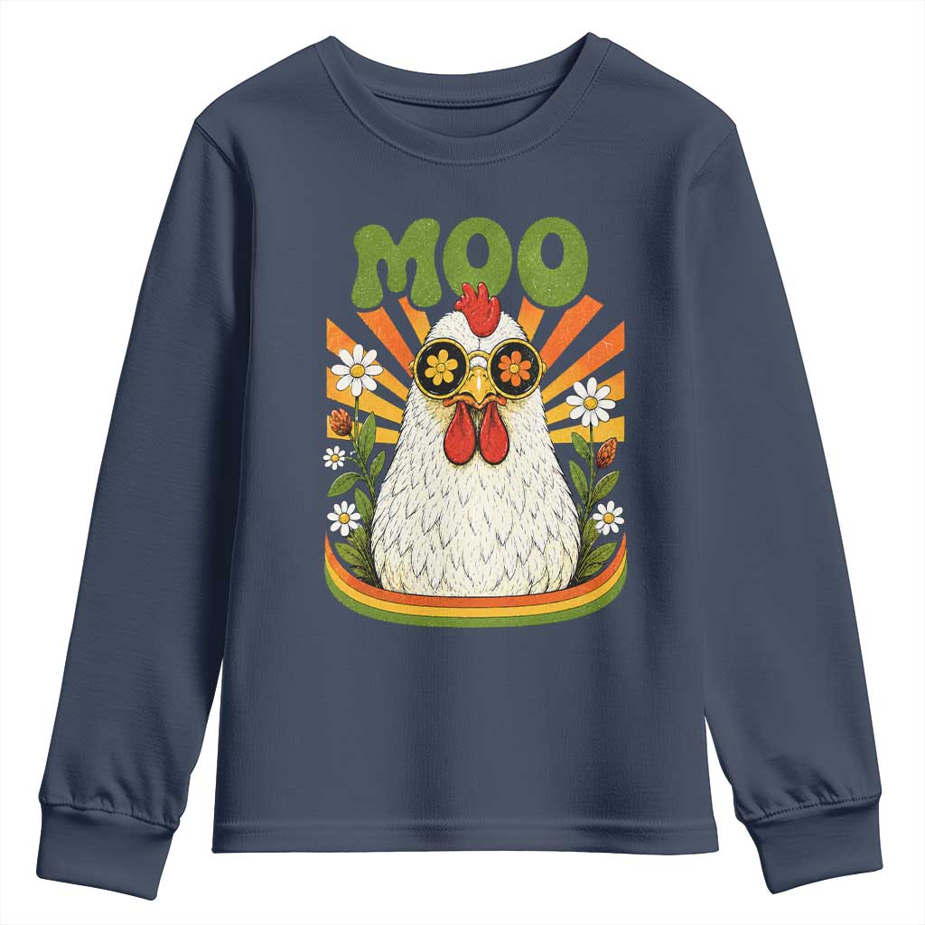 Retro Moo Chicken Wearing Sunglasses Graphic Youth Sweatshirt Funny Groovy Farm Animal Pun Vintage Sunburst TS02 Navy Print Your Wear
