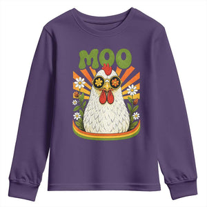 Retro Moo Chicken Wearing Sunglasses Graphic Youth Sweatshirt Funny Groovy Farm Animal Pun Vintage Sunburst TS02 Purple Print Your Wear