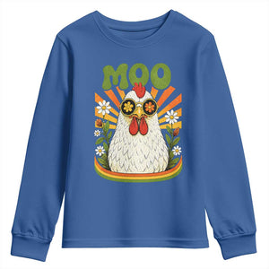 Retro Moo Chicken Wearing Sunglasses Graphic Youth Sweatshirt Funny Groovy Farm Animal Pun Vintage Sunburst TS02 Royal Blue Print Your Wear