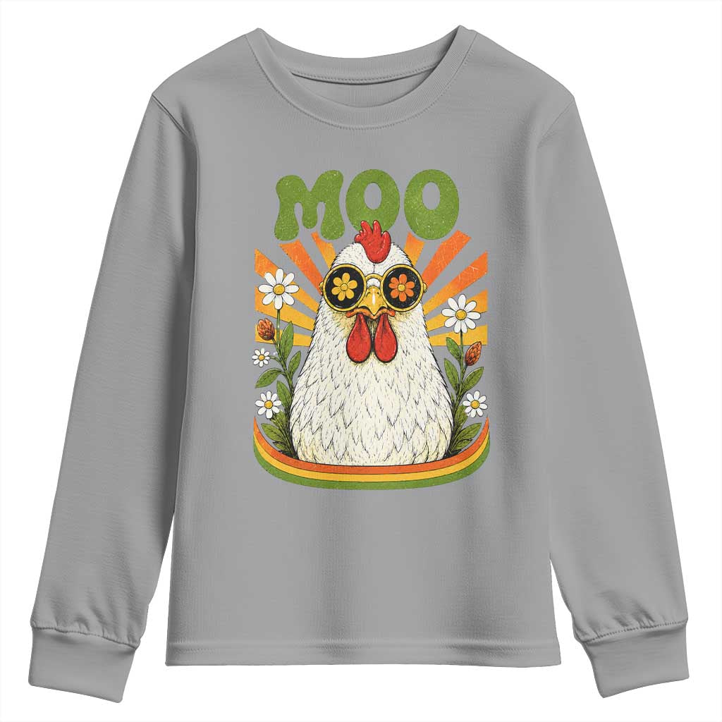 Retro Moo Chicken Wearing Sunglasses Graphic Youth Sweatshirt Funny Groovy Farm Animal Pun Vintage Sunburst TS02 Sport Gray Print Your Wear