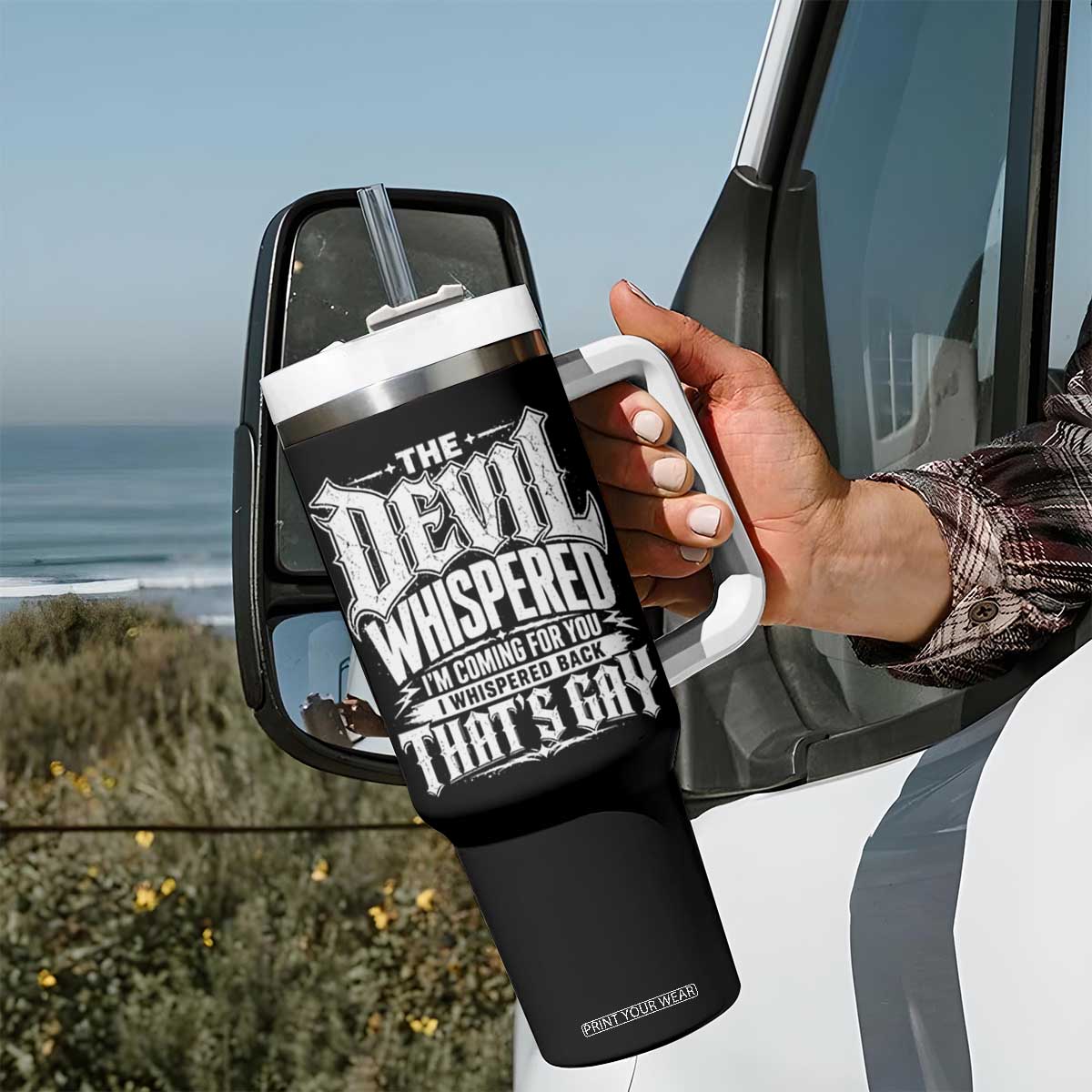 The Devil Whispered I Whispered Back That's Gay Tumbler With Handle Funny Sarcastic Gothic Meme Parody
