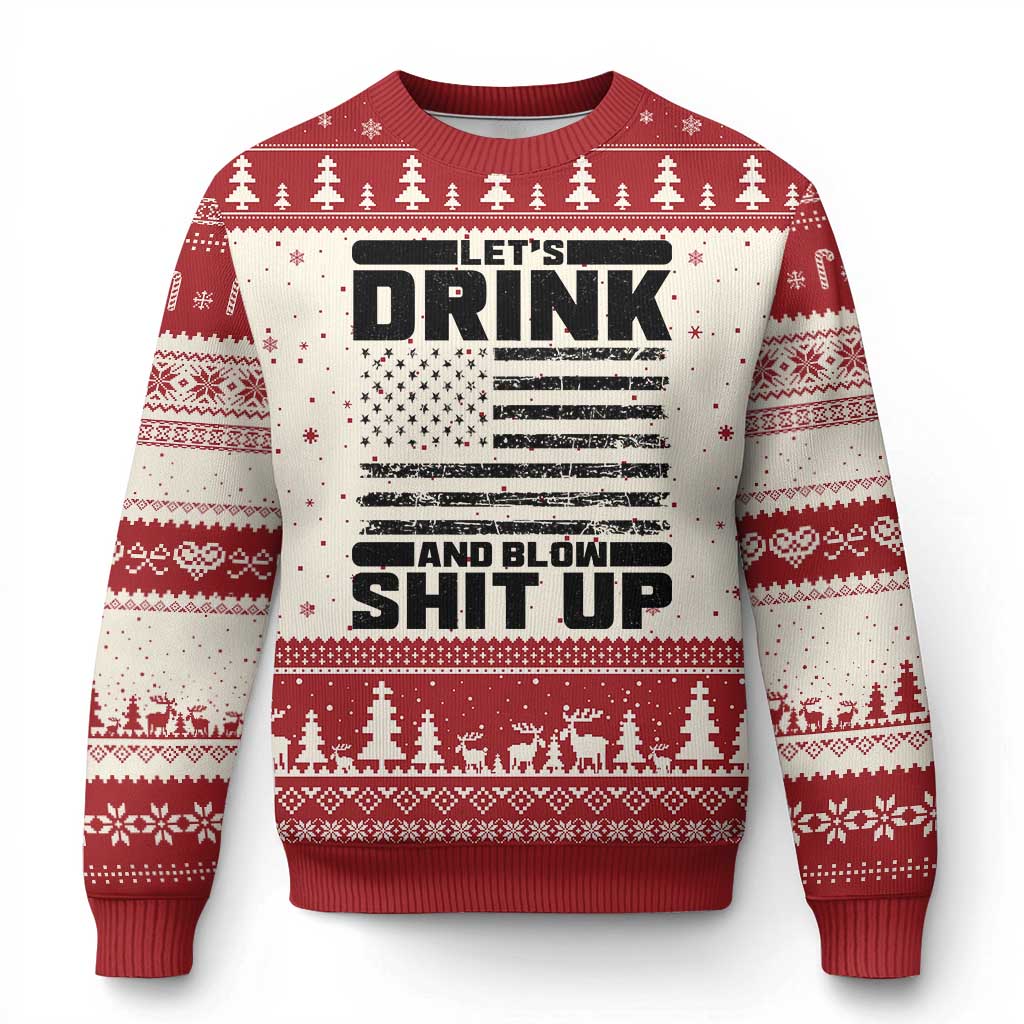 Patriotic 4th of July Fireworks Funny Drinking Party Ugly Christmas Sweater Let's Drink And Blow Shit Up Gag Gift TS02 Beige Red Print Your Wear