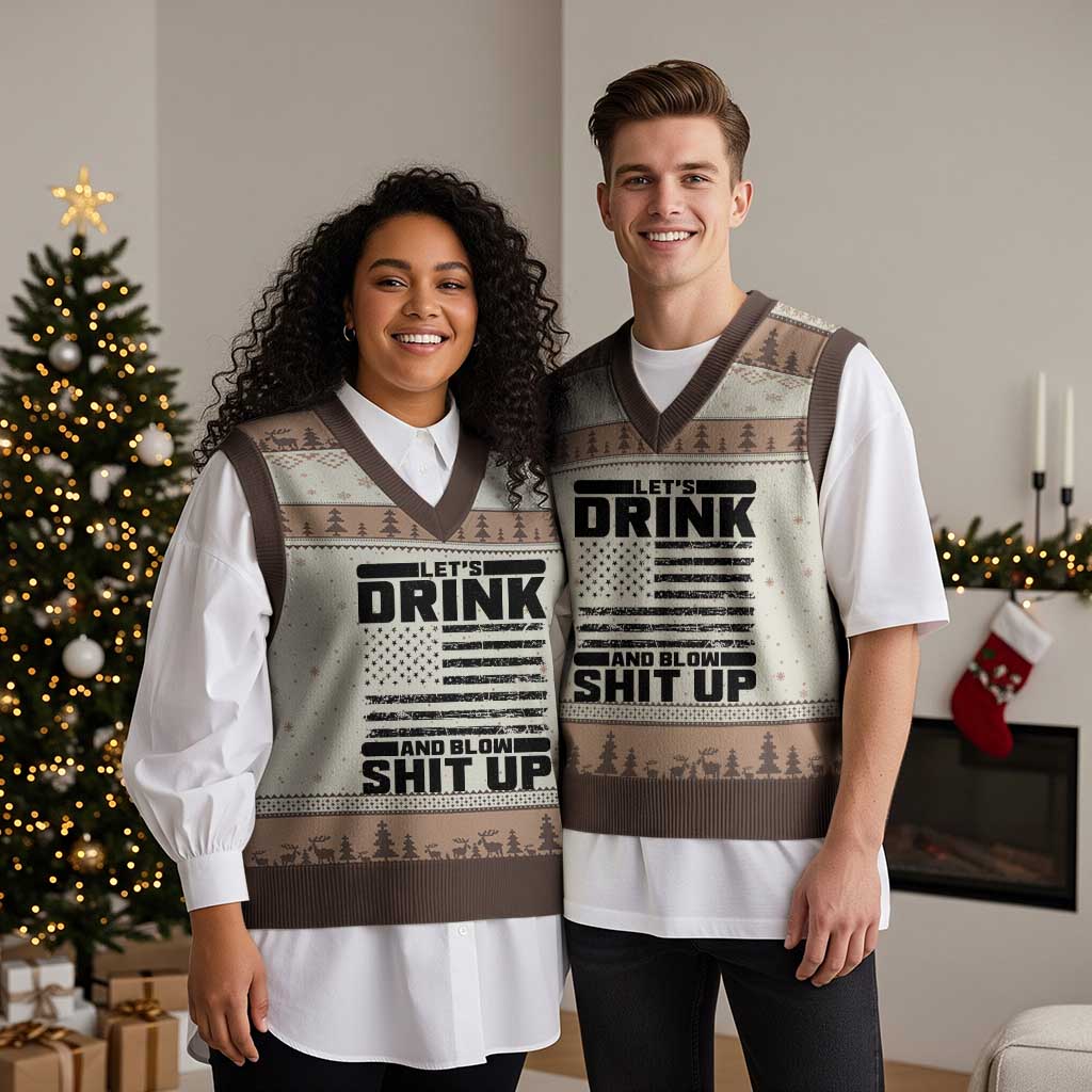 Patriotic 4th of July Fireworks Funny Drinking Party V-Neck Knit Sweater Vest Let's Drink And Blow Shit Up Gag Gift