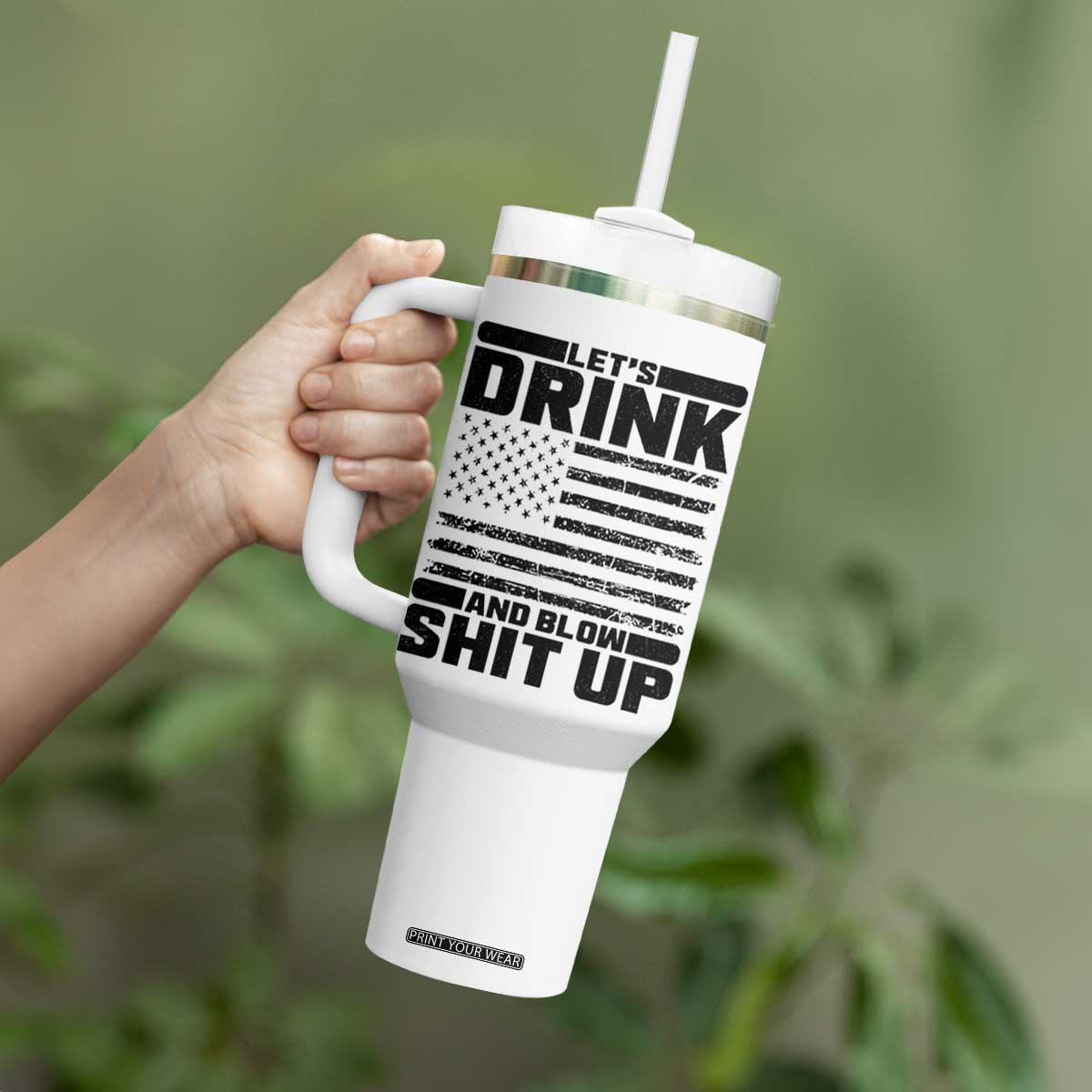 Patriotic 4th of July Fireworks Funny Drinking Party Tumbler With Handle Let's Drink And Blow Shit Up Gag Gift