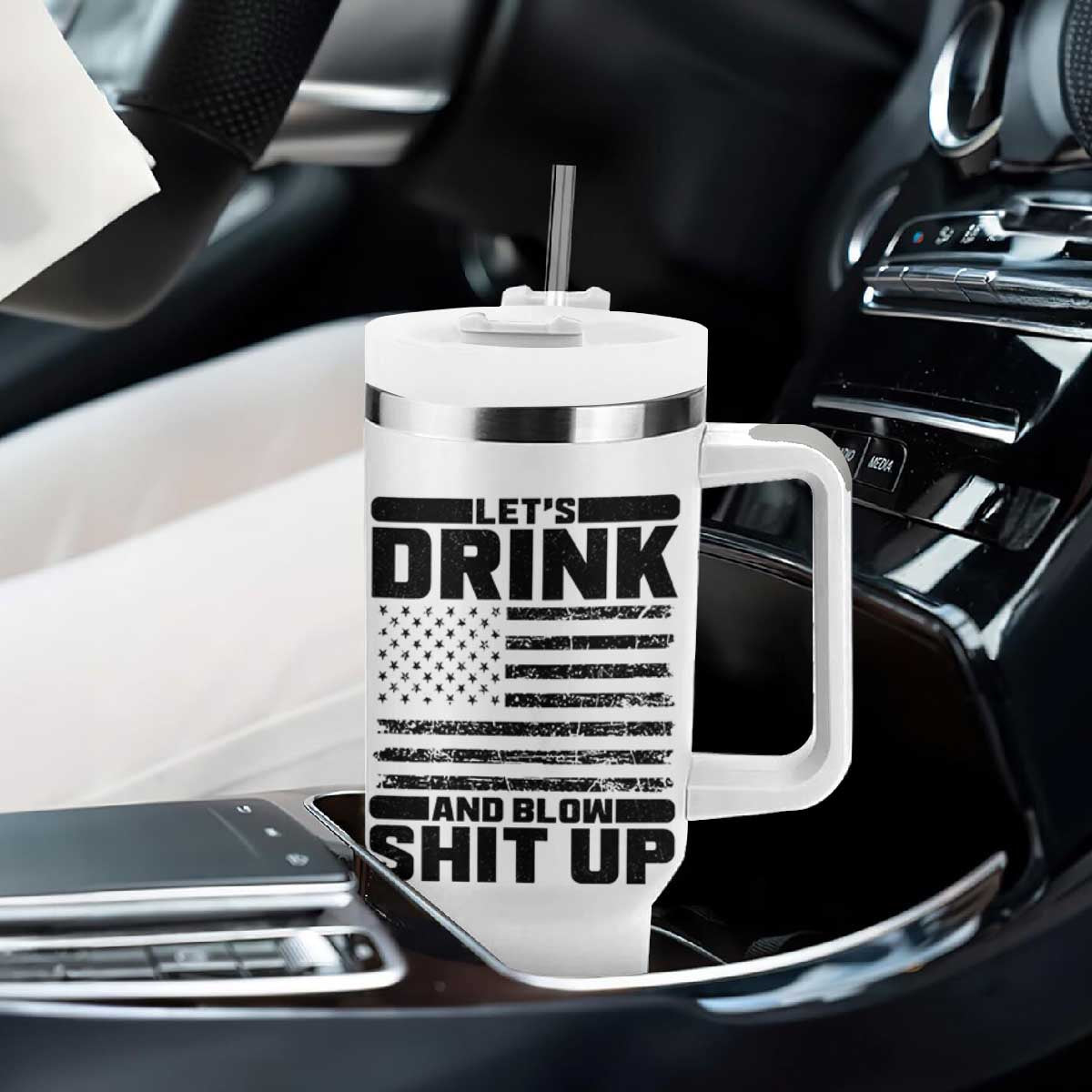 Patriotic 4th of July Fireworks Funny Drinking Party Tumbler With Handle Let's Drink And Blow Shit Up Gag Gift