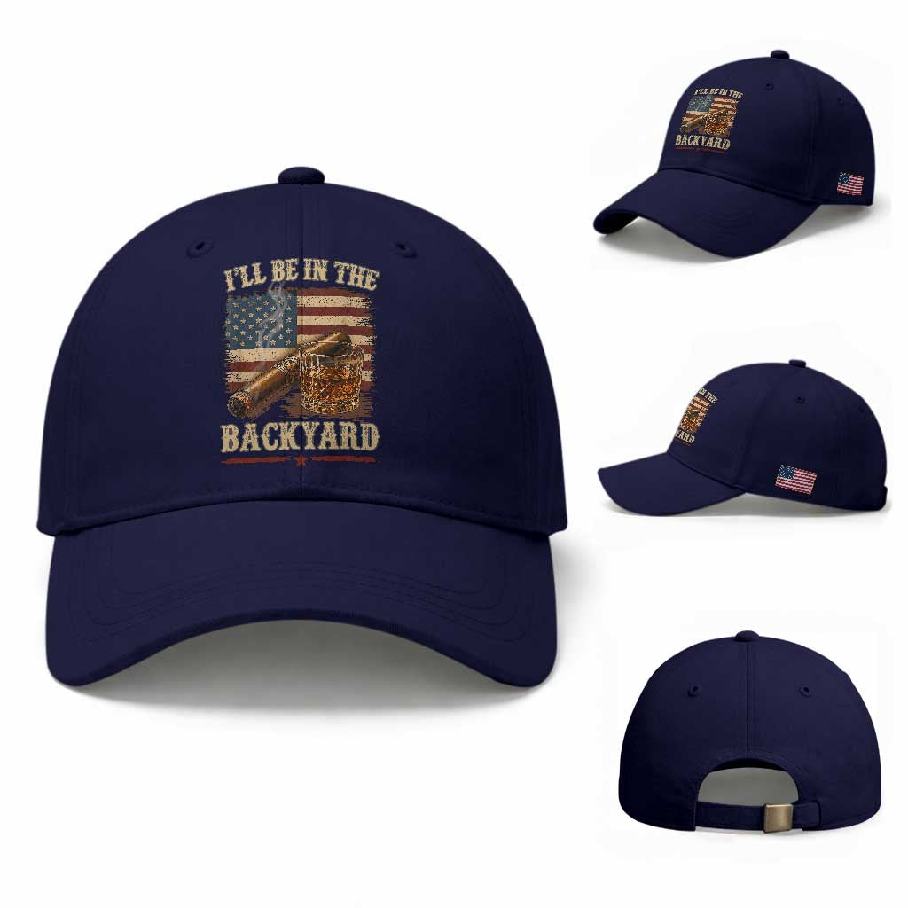Vintage American Flag Whiskey and Cigar Graphic Baseball Cap I Will Be In The Backyard Patriotic Bourbon Lover Fathers Day Gift for Men