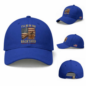 Vintage American Flag Whiskey and Cigar Graphic Baseball Cap I Will Be In The Backyard Patriotic Bourbon Lover Fathers Day Gift for Men
