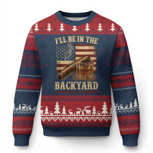 Vintage American Flag Whiskey and Cigar Graphic Ugly Christmas Sweater I Will Be In The Backyard Patriotic Bourbon Lover Fathers Day Gift for Men