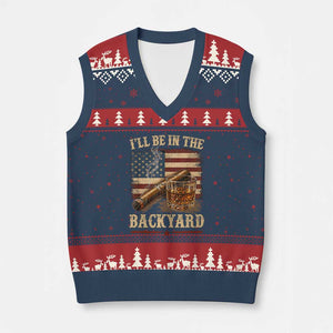 Vintage American Flag Whiskey and Cigar Graphic V-Neck Knit Sweater Vest I Will Be In The Backyard Patriotic Bourbon Lover Fathers Day Gift for Men