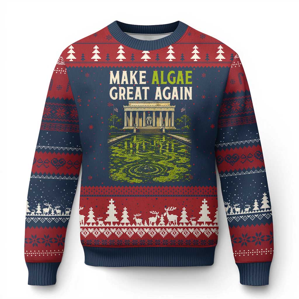 Make Algae Great Again Lincoln Memorial Reflecting Pool Graphic Ugly Christmas Sweater Funny Washington DC Viral Swamp Meme TS02 Navy Red Print Your Wear