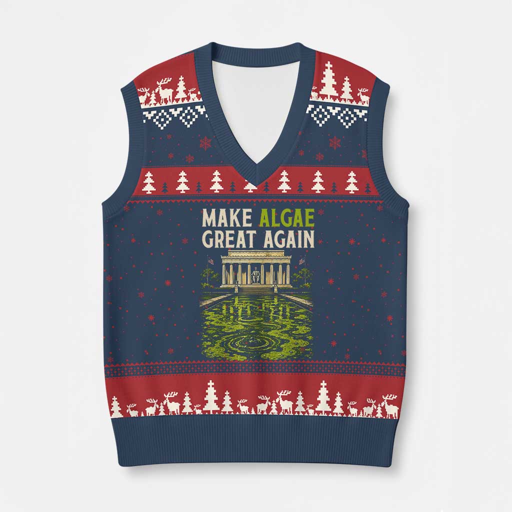 Make Algae Great Again Lincoln Memorial Reflecting Pool Graphic V-Neck Knit Sweater Vest Funny Washington DC Viral Swamp Meme