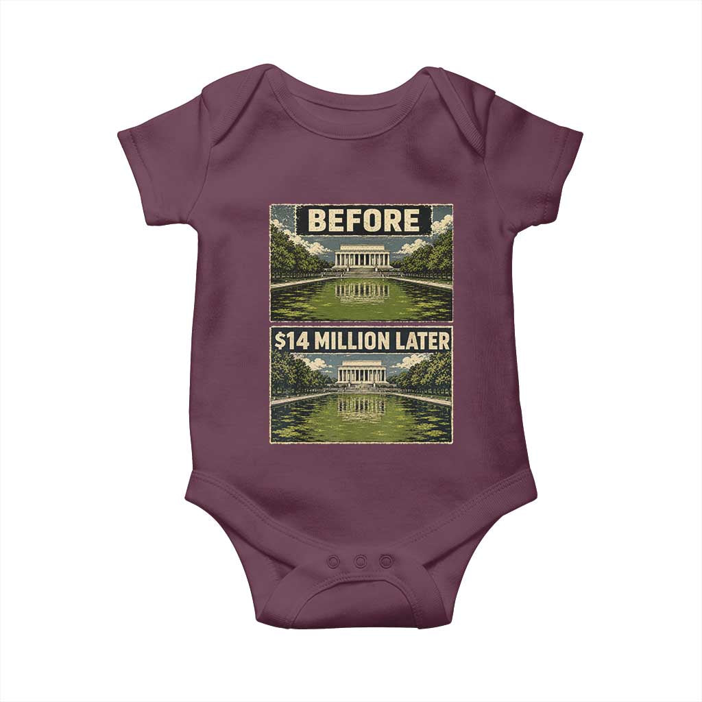 Before and 14 Million Dollars Later Lincoln Memorial Reflecting Pool Meme Baby Onesie Funny Government Spending Satire