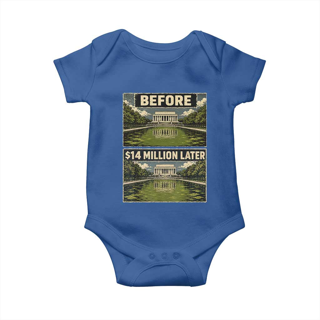 Before and 14 Million Dollars Later Lincoln Memorial Reflecting Pool Meme Baby Onesie Funny Government Spending Satire