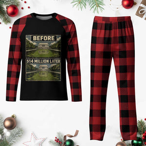Before and 14 Million Dollars Later Lincoln Memorial Reflecting Pool Meme Plaid Pajama Set Funny Government Spending Satire