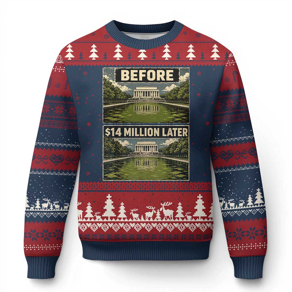 Before and 14 Million Dollars Later Lincoln Memorial Reflecting Pool Meme Ugly Christmas Sweater Funny Government Spending Satire