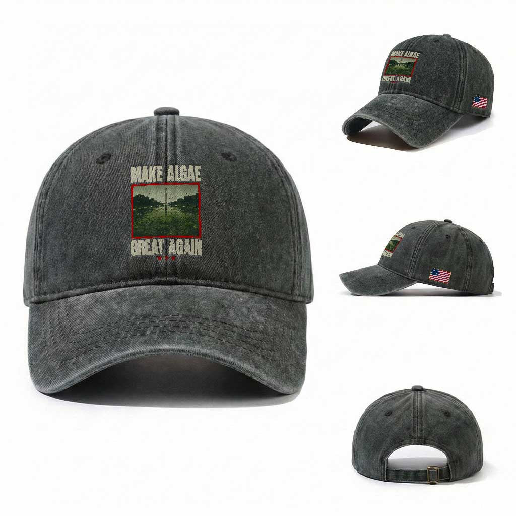 Make Algae Great Again Funny DC Slamp Slime Parody Washed Cotton Baseball Cap Washington Monument Reflecting Pool Vintage Photo