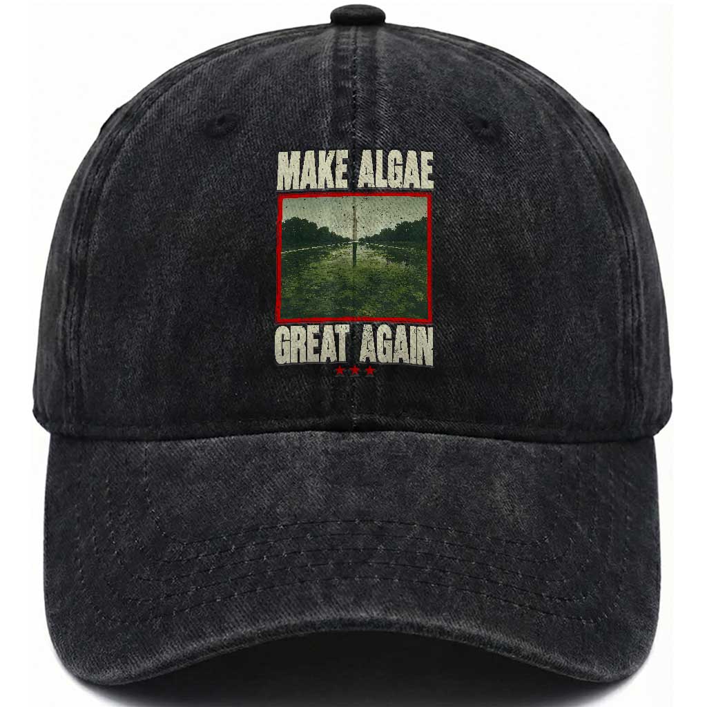 Make Algae Great Again Funny DC Slamp Slime Parody Washed Cotton Baseball Cap Washington Monument Reflecting Pool Vintage Photo TS02 Print Your Wear