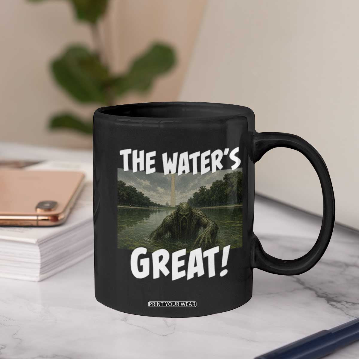 The Water is Great Swamp Monster Reflecting Pool Coffee Mug Funny Washington DC Algae Creature Meme
