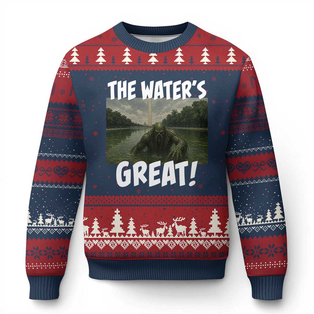 The Water is Great Swamp Monster Reflecting Pool Ugly Christmas Sweater Funny Washington DC Algae Creature Meme TS02 Navy Red Print Your Wear