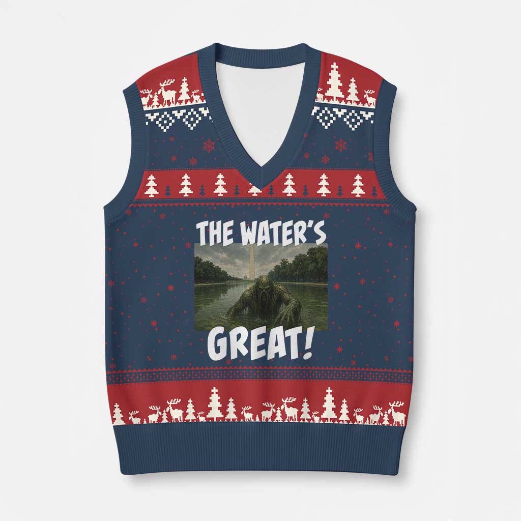 The Water is Great Swamp Monster Reflecting Pool V-Neck Knit Sweater Vest Funny Washington DC Algae Creature Meme TS02 Navy Red Print Your Wear
