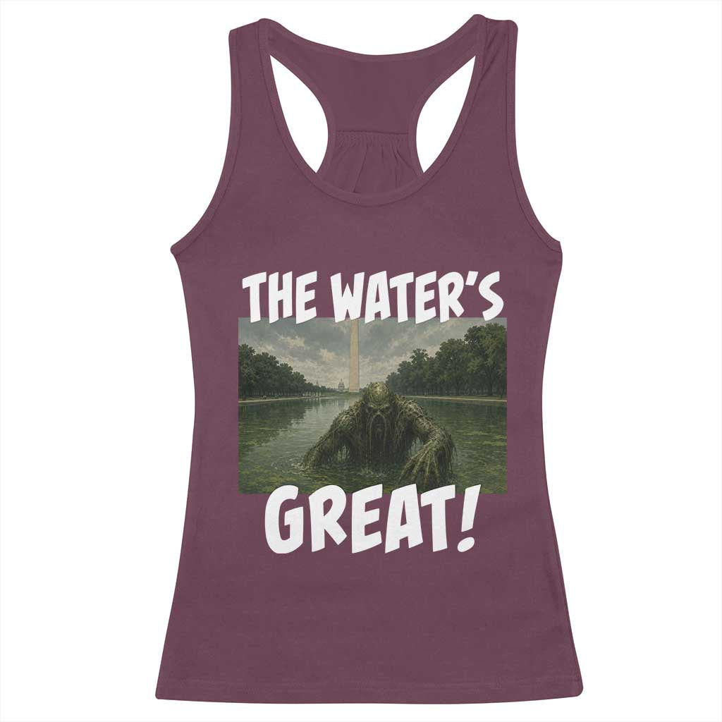 The Water is Great Swamp Monster Reflecting Pool Racerback Tank Top Funny Washington DC Algae Creature Meme
