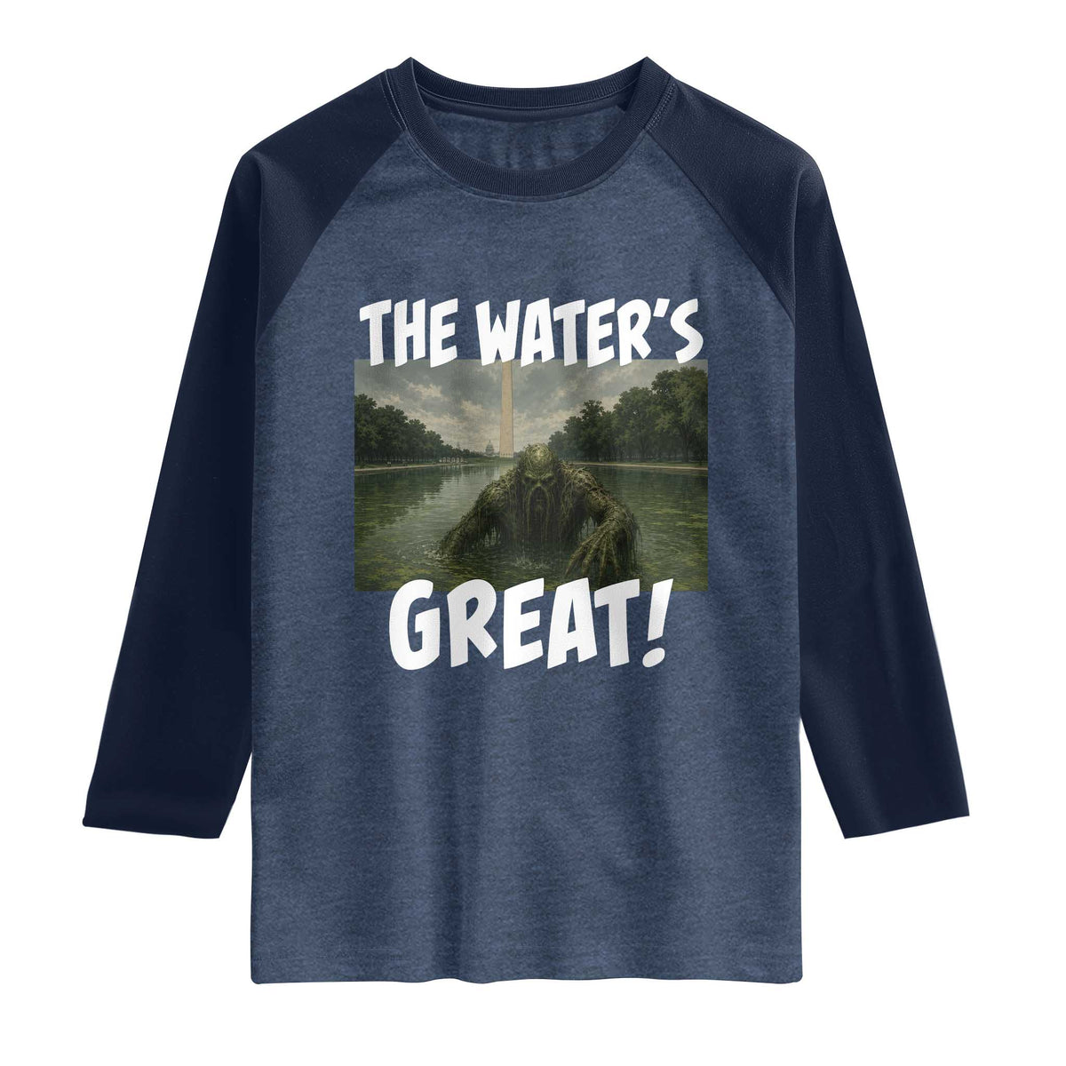 The Water is Great Swamp Monster Reflecting Pool Raglan Shirt Funny Washington DC Algae Creature Meme