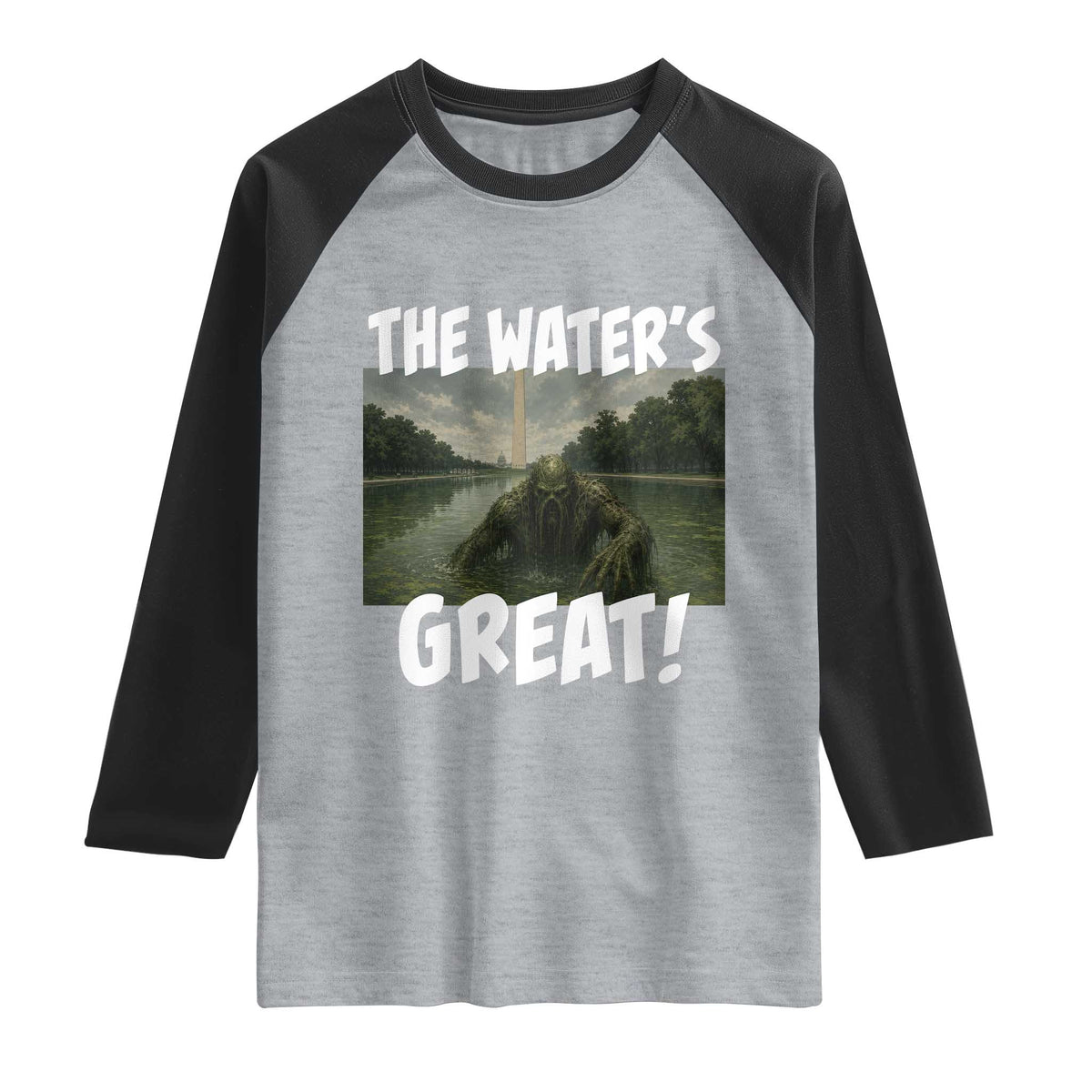 The Water is Great Swamp Monster Reflecting Pool Raglan Shirt Funny Washington DC Algae Creature Meme