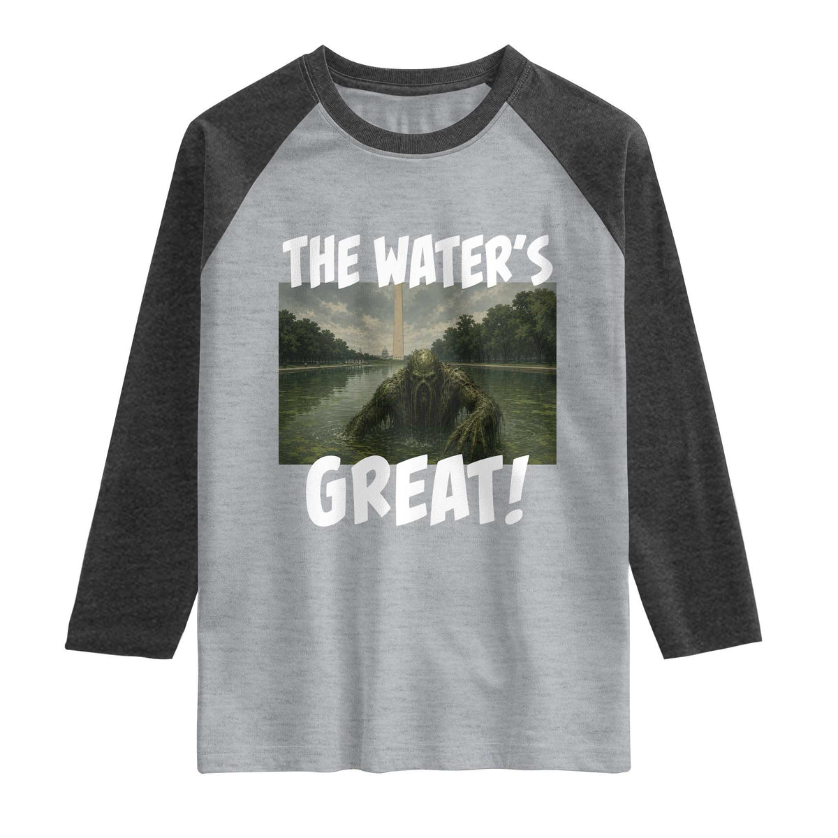 The Water is Great Swamp Monster Reflecting Pool Raglan Shirt Funny Washington DC Algae Creature Meme