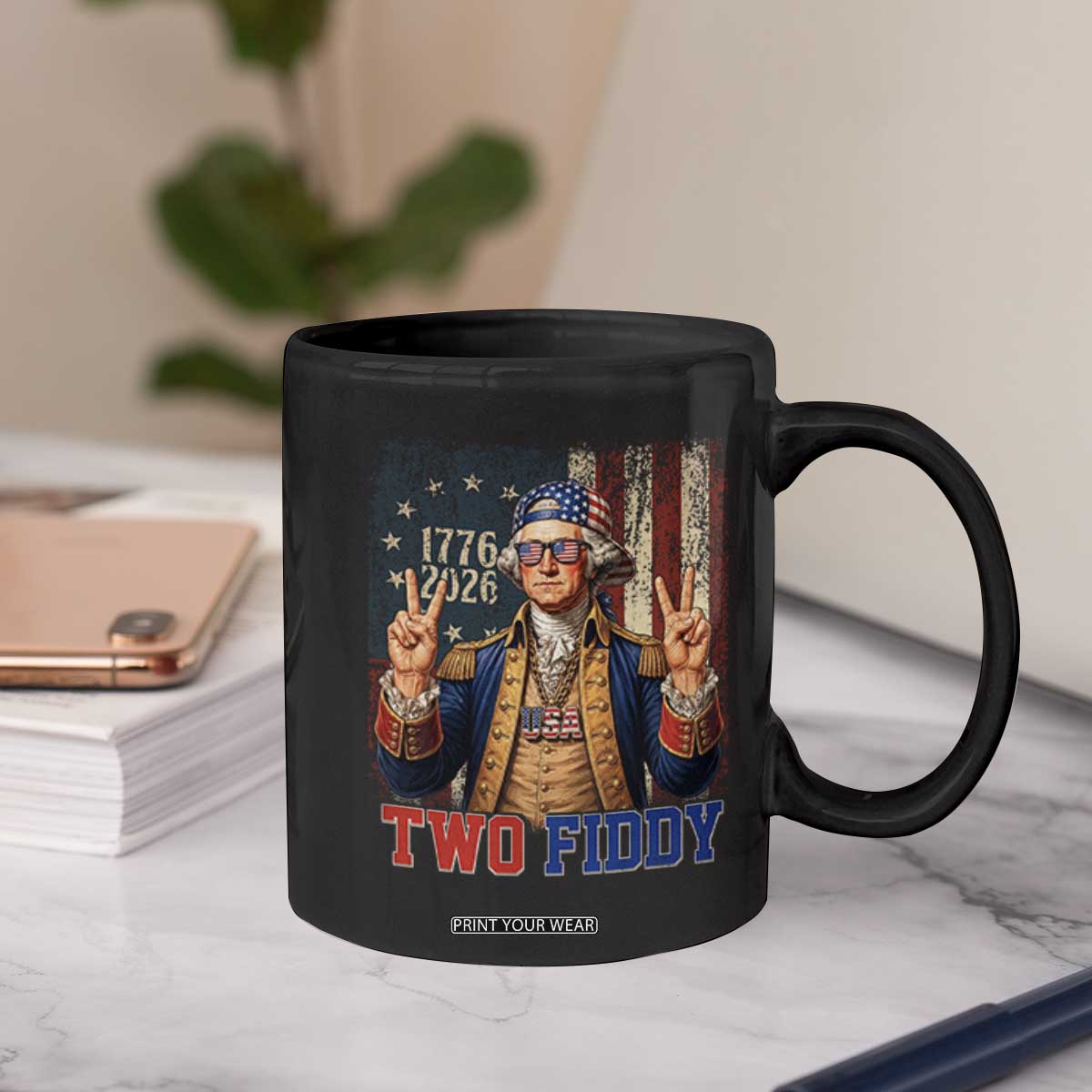 Two Fiddy George Washington Peace Signs Coffee Mug Funny Semiquincentennial Hip Hop Style President