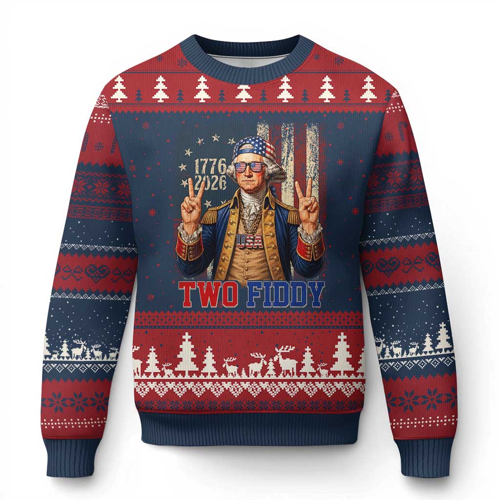 Two Fiddy George Washington Peace Signs Ugly Christmas Sweater Funny Semiquincentennial Hip Hop Style President TS02 Navy Red Print Your Wear