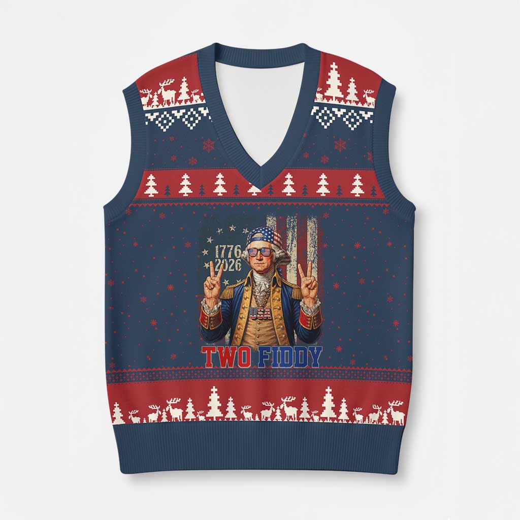 Two Fiddy George Washington Peace Signs V-Neck Knit Sweater Vest Funny Semiquincentennial Hip Hop Style President