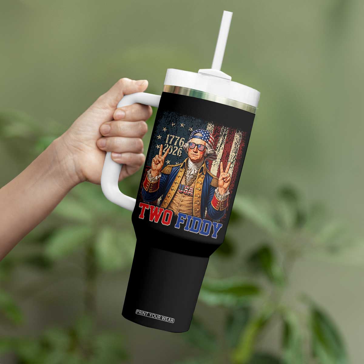 Two Fiddy George Washington Peace Signs Tumbler With Handle Funny Semiquincentennial Hip Hop Style President