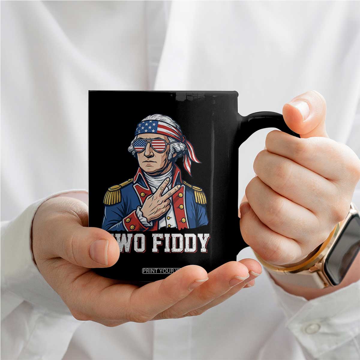 Two Fiddy George Washington Bandana Coffee Mug Funny Cool Sunglasses American Flag Headband Peace Sign Patriotic