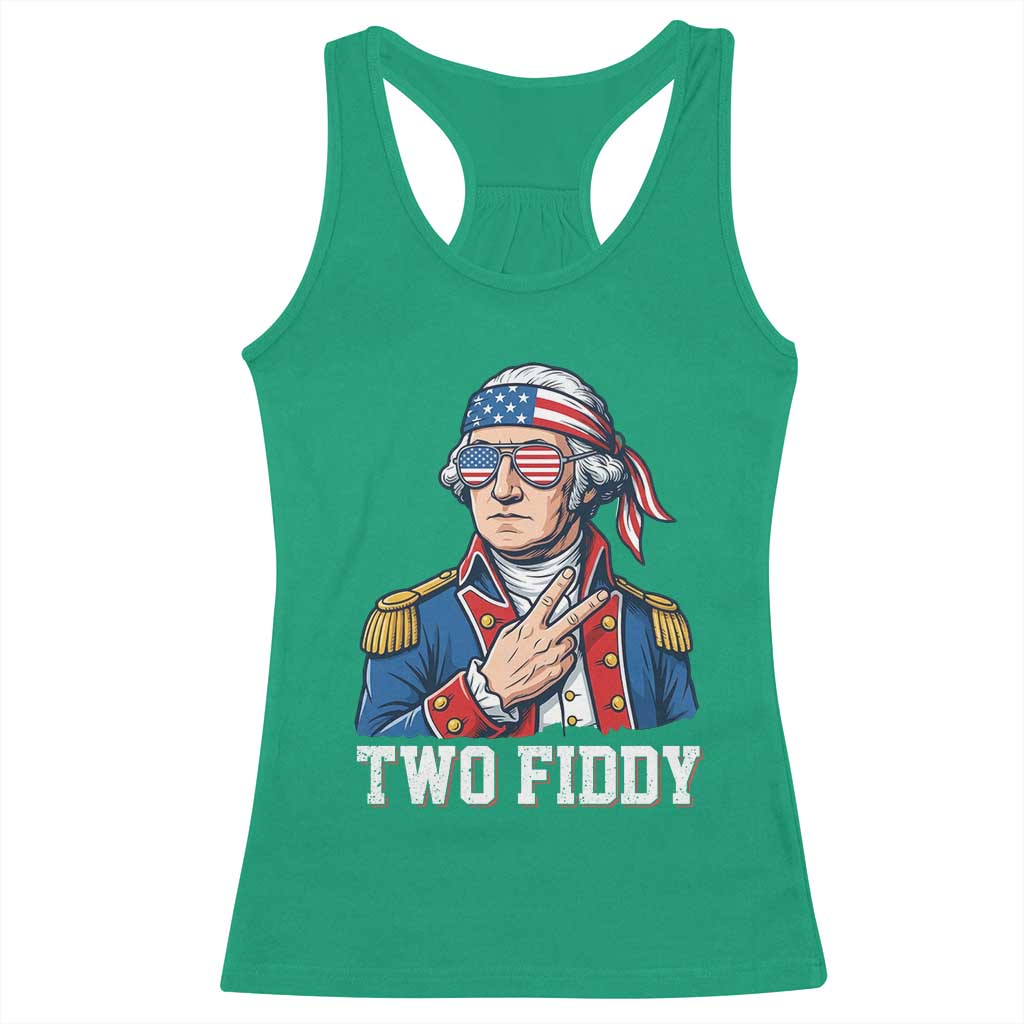 Two Fiddy George Washington Bandana Racerback Tank Top Funny Cool Sunglasses American Flag Headband Peace Sign Patriotic