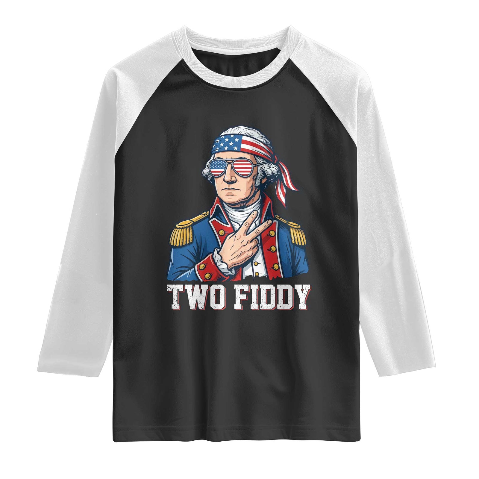 Two Fiddy George Washington Bandana Raglan Shirt Funny Cool Sunglasses American Flag Headband Peace Sign Patriotic TS02 Black White Print Your Wear