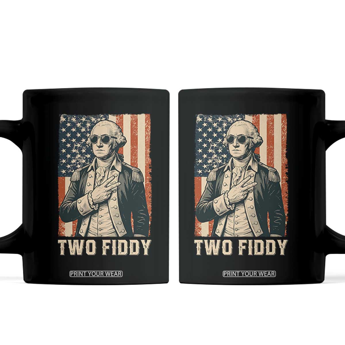 Two Fiddy Vintage George Washington Coffee Mug Funny Sunglasses Peace Sign Retro American Flag Semiquincentennial