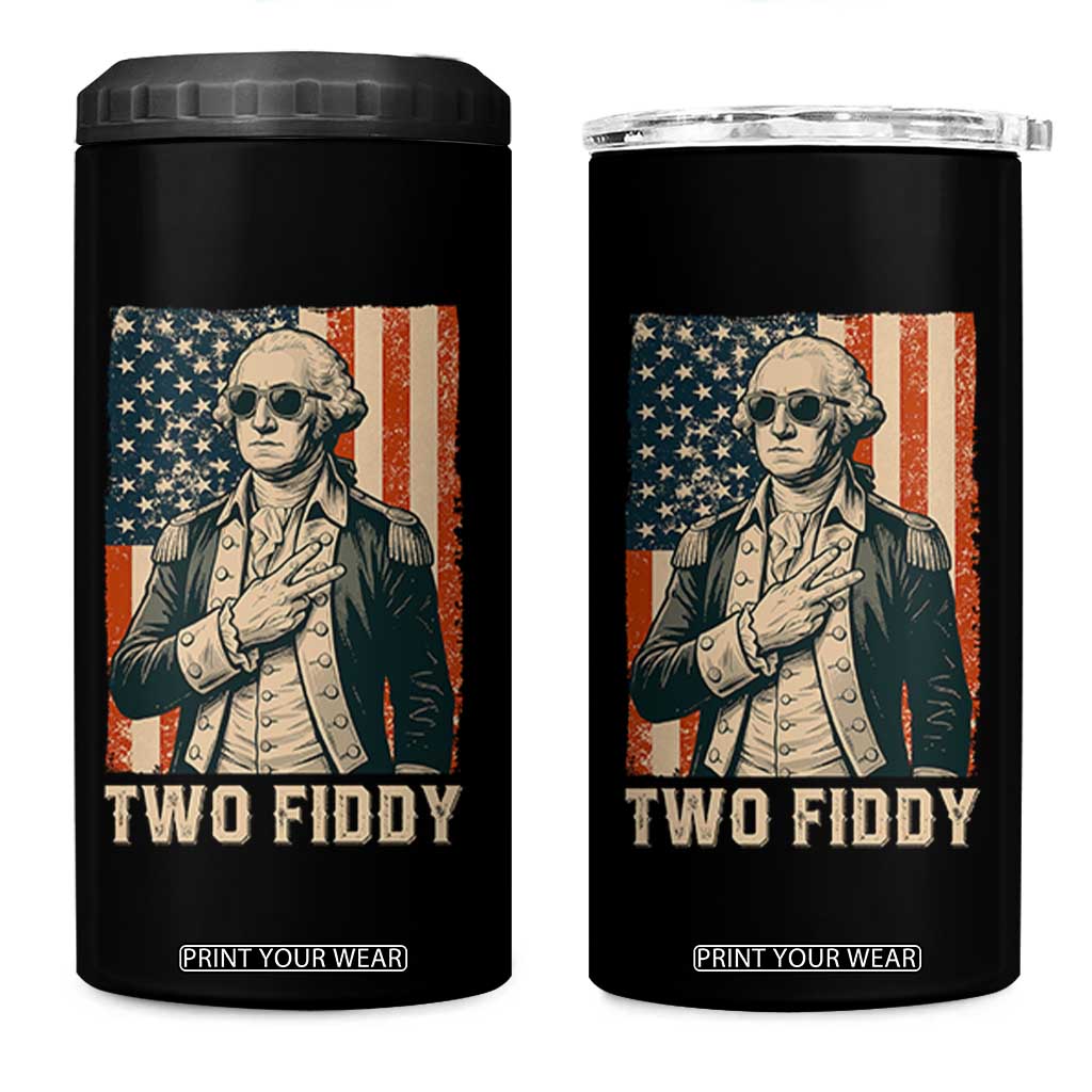 Two Fiddy Vintage George Washington 4 in 1 Can Cooler Tumbler Funny Sunglasses Peace Sign Retro American Flag Semiquincentennial