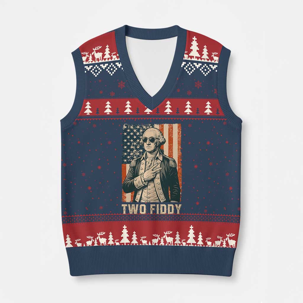 Two Fiddy Vintage George Washington V-Neck Knit Sweater Vest Funny Sunglasses Peace Sign Retro American Flag Semiquincentennial
