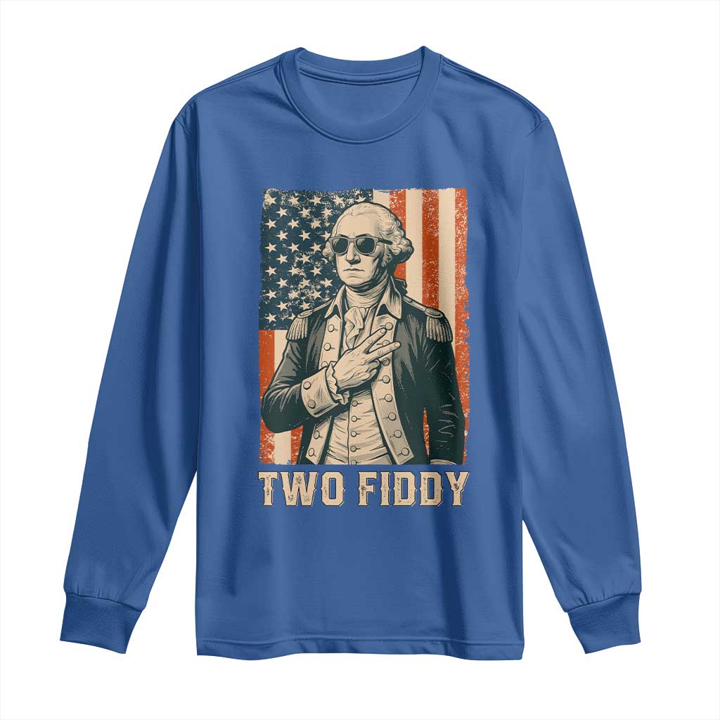 Two Fiddy Vintage George Washington Long Sleeve Shirt Funny Sunglasses Peace Sign Retro American Flag Semiquincentennial