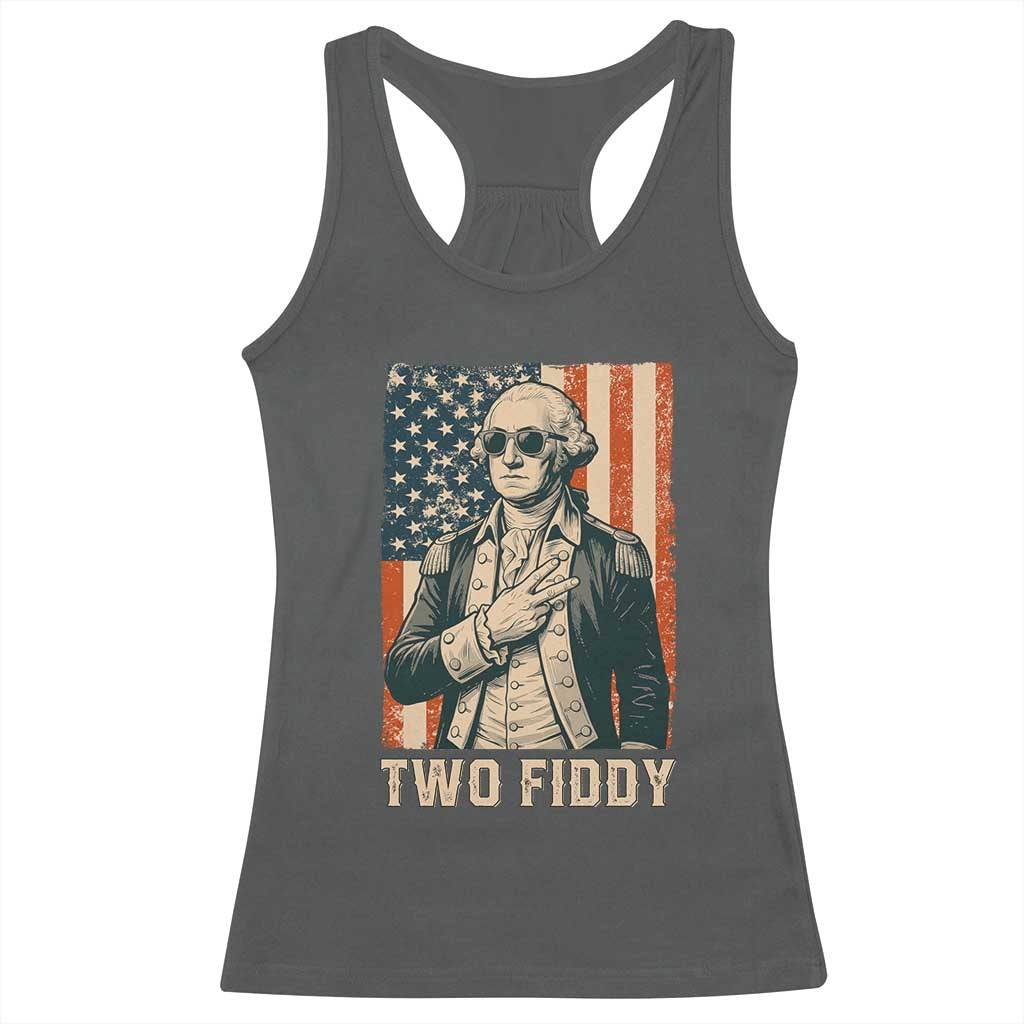 Two Fiddy Vintage George Washington Racerback Tank Top Funny Sunglasses Peace Sign Retro American Flag Semiquincentennial