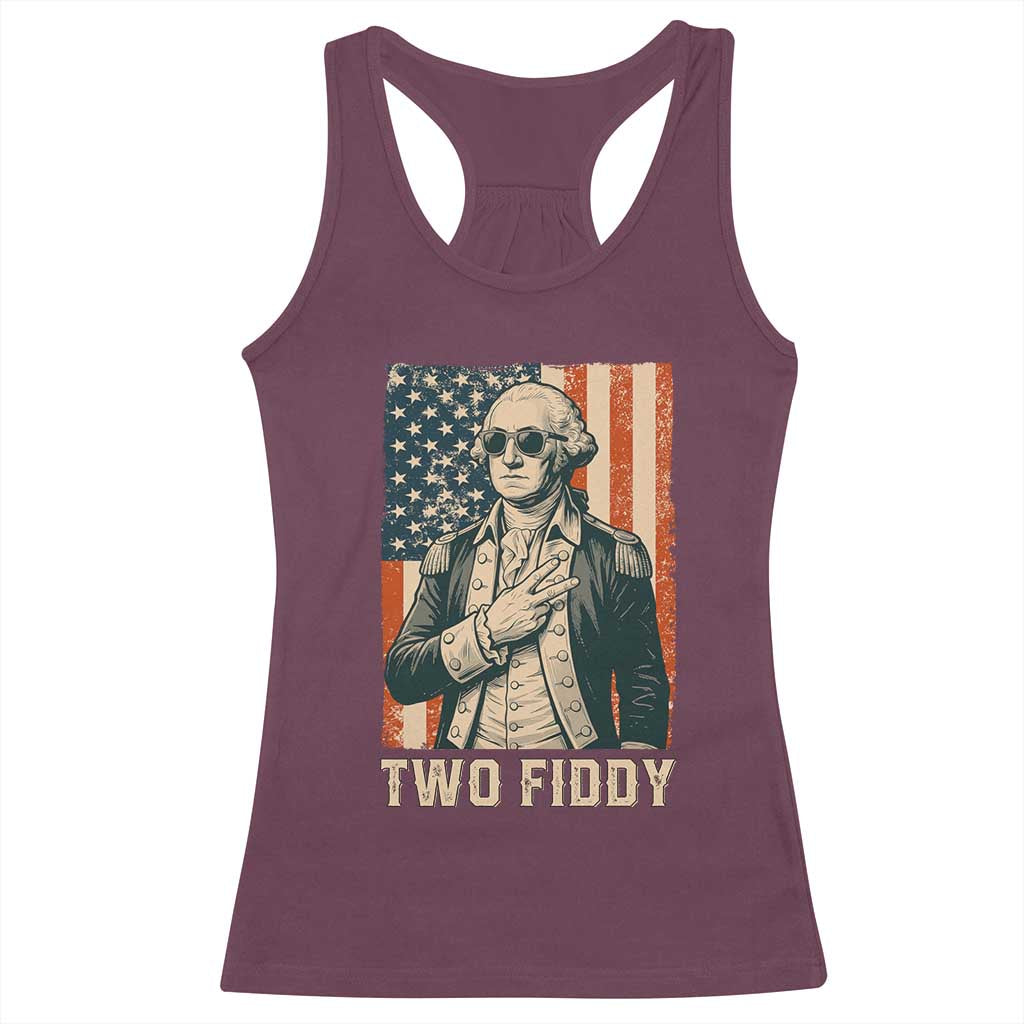 Two Fiddy Vintage George Washington Racerback Tank Top Funny Sunglasses Peace Sign Retro American Flag Semiquincentennial