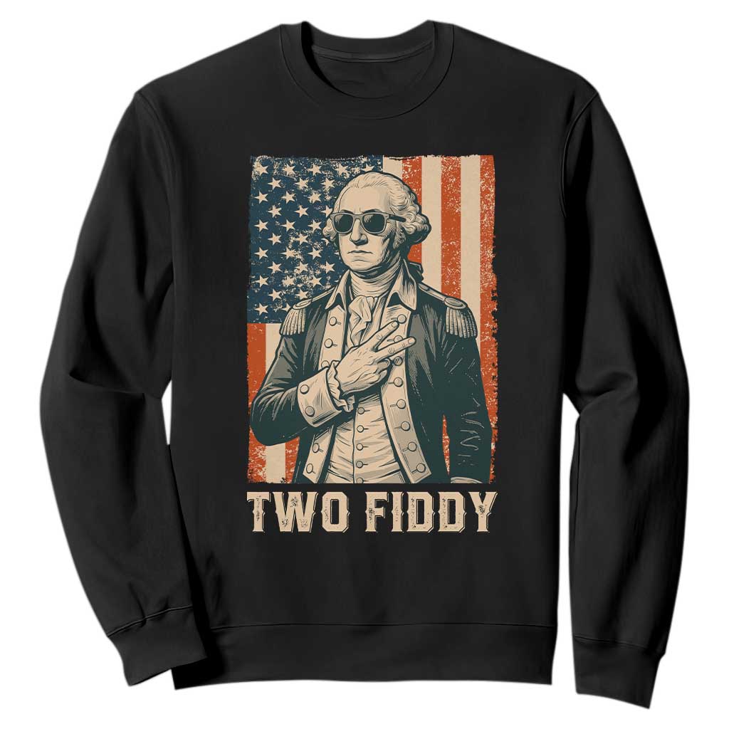 Two Fiddy Vintage George Washington Sweatshirt Funny Sunglasses Peace Sign Retro American Flag Semiquincentennial