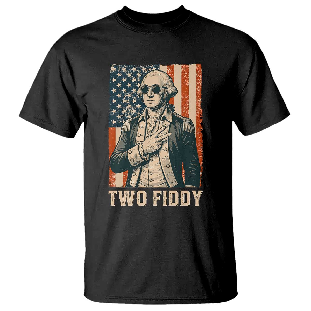 Two Fiddy Vintage George Washington T Shirt Funny Sunglasses Peace Sign Retro American Flag Semiquincentennial