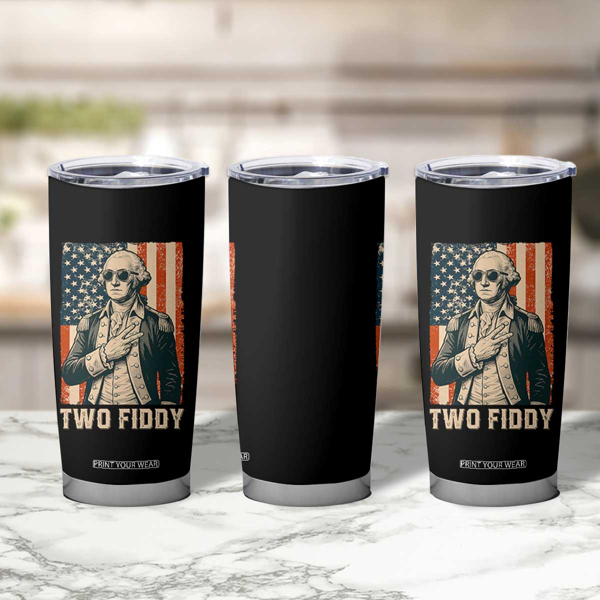 Two Fiddy Vintage George Washington Tumbler Cup Funny Sunglasses Peace Sign Retro American Flag Semiquincentennial