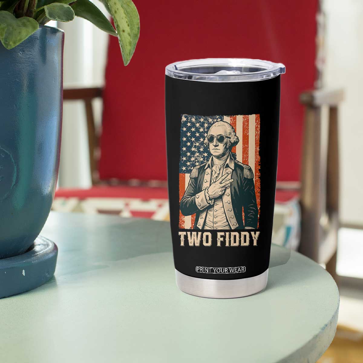 Two Fiddy Vintage George Washington Tumbler Cup Funny Sunglasses Peace Sign Retro American Flag Semiquincentennial