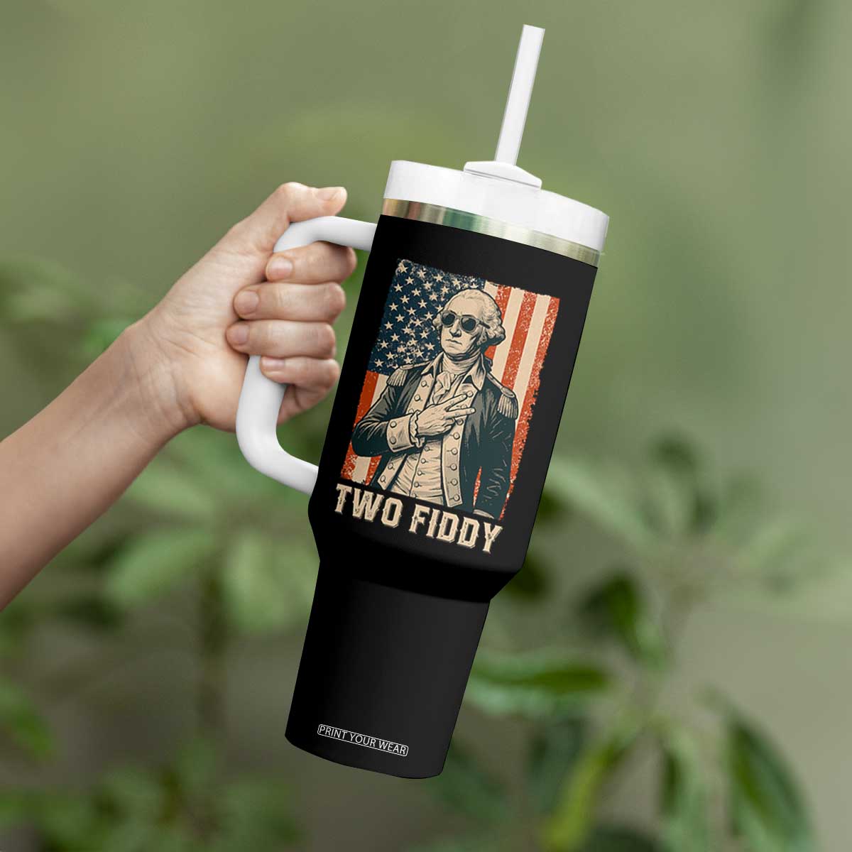 Two Fiddy Vintage George Washington Tumbler With Handle Funny Sunglasses Peace Sign Retro American Flag Semiquincentennial