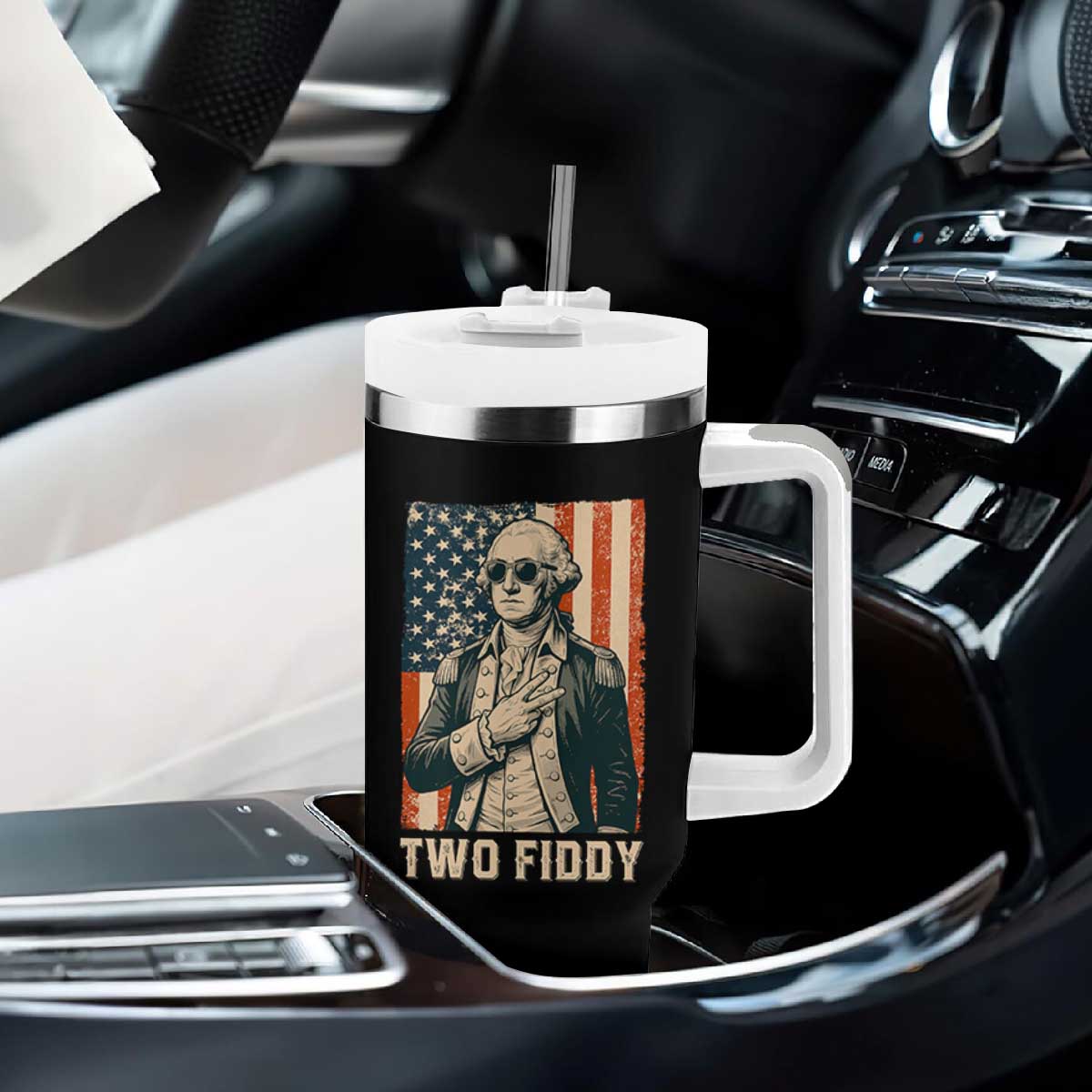 Two Fiddy Vintage George Washington Tumbler With Handle Funny Sunglasses Peace Sign Retro American Flag Semiquincentennial