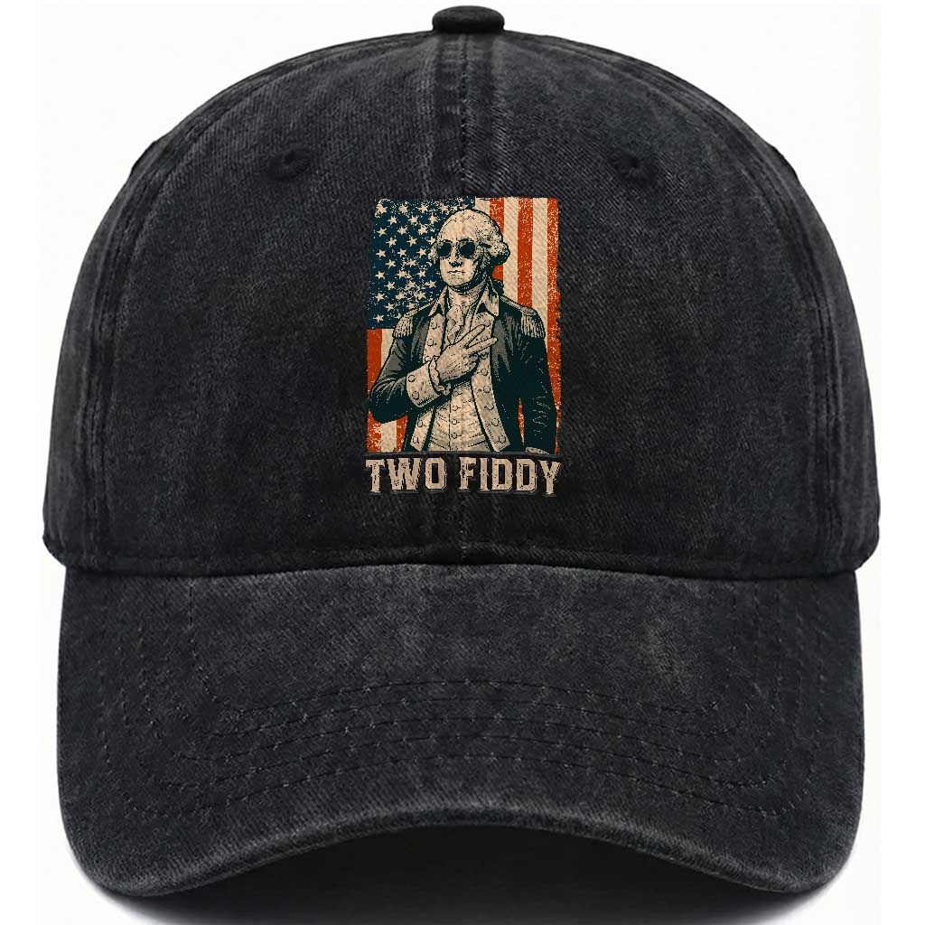 Two Fiddy Vintage George Washington Washed Cotton Baseball Cap Funny Sunglasses Peace Sign Retro American Flag Semiquincentennial TS02 Print Your Wear