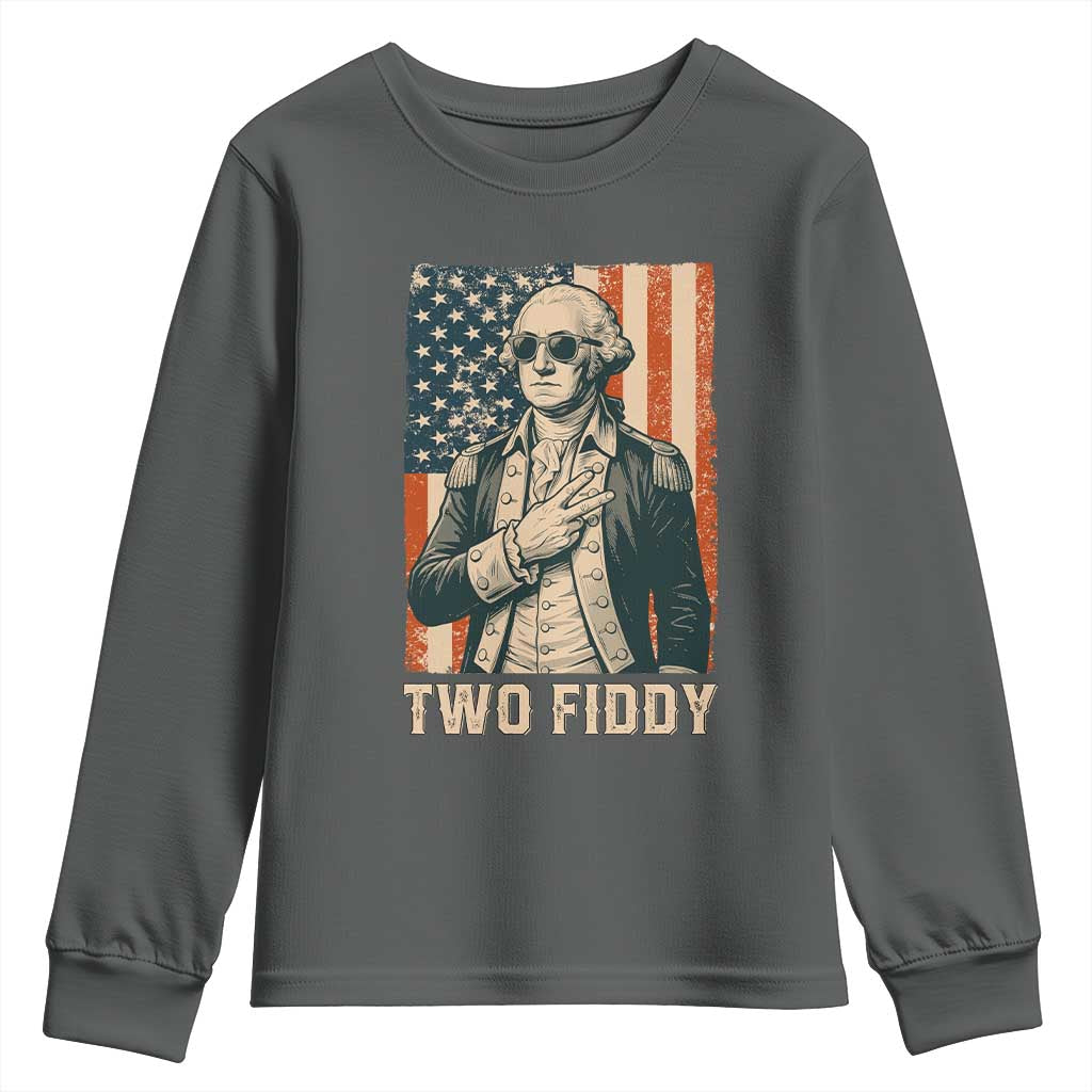 Two Fiddy Vintage George Washington Youth Sweatshirt Funny Sunglasses Peace Sign Retro American Flag Semiquincentennial